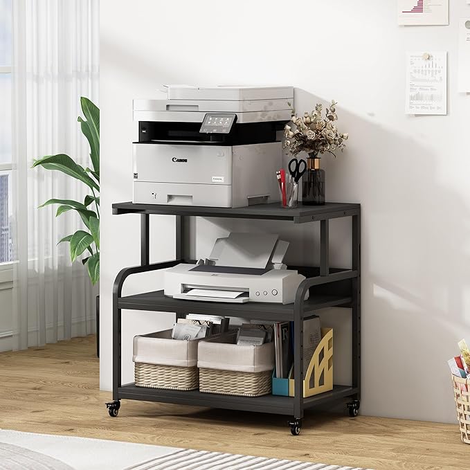 32.3" x 18.9" Extra Large Printer Stand Table with Adjustable Storage Shelf, 3 Tier Rolling Printer Cart with Industrial Wheels for Home Office, Black