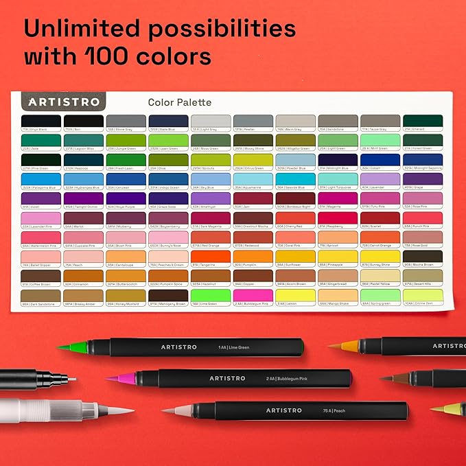 ARTISTRO 100 Watercolor Markers Teacher Appreciation Gifts – Brush Pens, Fineliner, Water Brush, Portable Bag – Vibrant, Washable, Non-Toxic – Ideal Gift for Women for Coloring, Calligraphy & Art