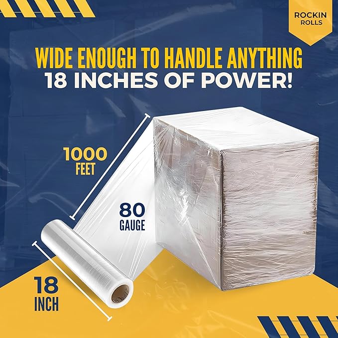 Industrial Stretch Film Wrap – 18" x 1000 FT x 80 Gauge, 4 Rolls Heavy Duty Pallet Wrap | Clear Plastic Moving Wrap for Packing, Shipping, Furniture & Luggage – Durable Self-Adhering Shrink Wrap Roll