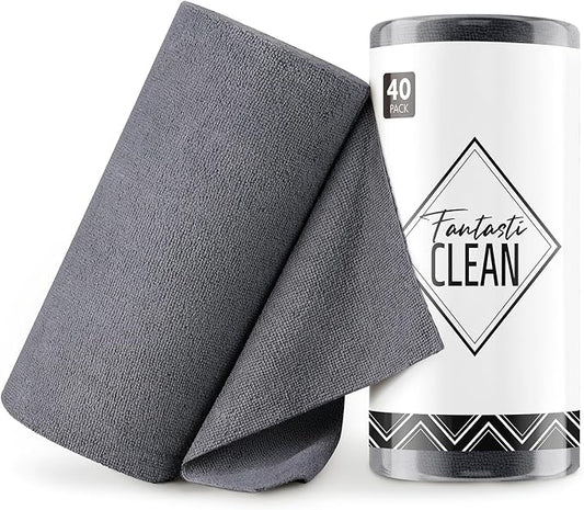 Fantasticlean Microfiber Cleaning Cloth Roll -40 Pack, Tear Away Microfiber Towels, 12" x 12", Reusable, Washable, Scratch Free, Ultra Absorbent Dish Rags for Car, Home, Garage or Shop (DimGrey)