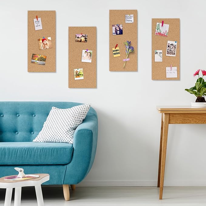 AKTOP Cork Board Bulletin Board 17"x8", 1/2" Thick Cork Board Tiles 6 Pack, Small Pin Board for Wall Decor, Self Adhesive Corkboards with 60 Push Pin Wood Clips for School, Home & Office