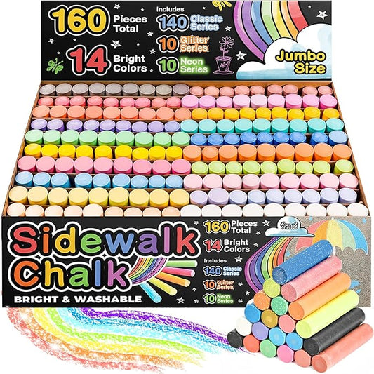 160 PCS Sidewalk Chalk for Kids - 14 Colors, 10 Glitter, 10 Neon Non-Toxic Washable Jumbo Chalks - Bulk Set of Outdoor Paint for Kids and Toddlers - Chalkboard Toys - Big Bucket Chalk for Party