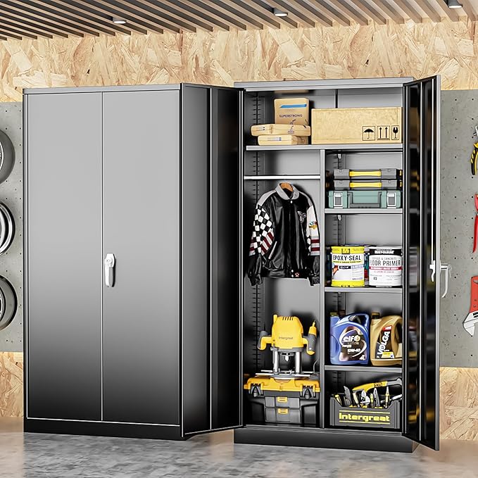 INTERGREAT Metal Storage Cabinet with Lock,Storage Wardrobe Cabinets with 4 Adjustable Shelves and Hanging Rod,Black Wardrobe Cabinet with Lockable Doors for Home Office,Warehouse,Garage