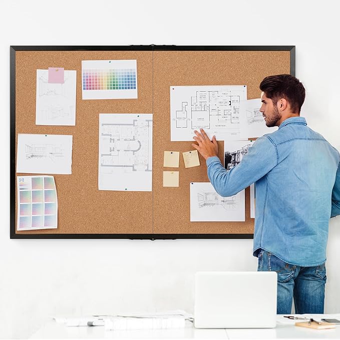 Board2by Cork Board Bulletin Board 36 x 48, Black Wood Framed 4x3 Corkboard, Foldable Office Board for Wall Decor, Large Wall Mounted Notice Pin Board with 36 Push Pins for School, Home & Office