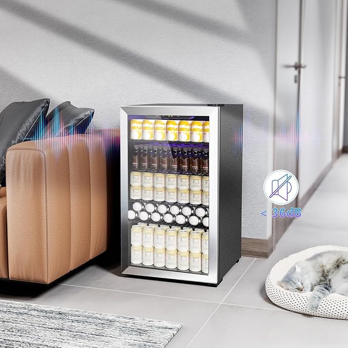 Kndko Beverage Refrigerator Cooler - 130 Can Mini Fridge with Adjustable Shelves, Glass Door, Digital Temperature Control, LED Lighting, Energy Efficient for Home, Office, Bar - 3.2 Cu.Ft, Silver
