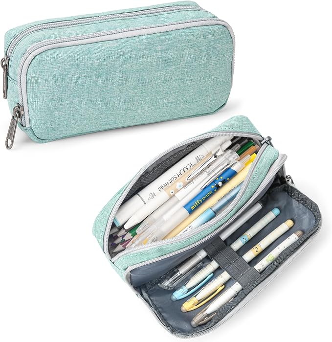 Della Gao Big Capacity Pencil Case, Durable Nylon Pencil Bag Aesthetic Pencil Pouch Travel Simple Stationery Bag Office Organizer Pen Bag for Women and Men - Green
