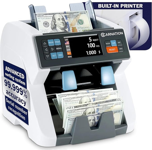 Carnation CR8 Mixed Denomination Money Sorter with Built-in Printer – Bank-Grade Bill Counter with Counterfeit Detection, Serial Number Tracking, Multi-Currency Support & 2 CIS Sensors