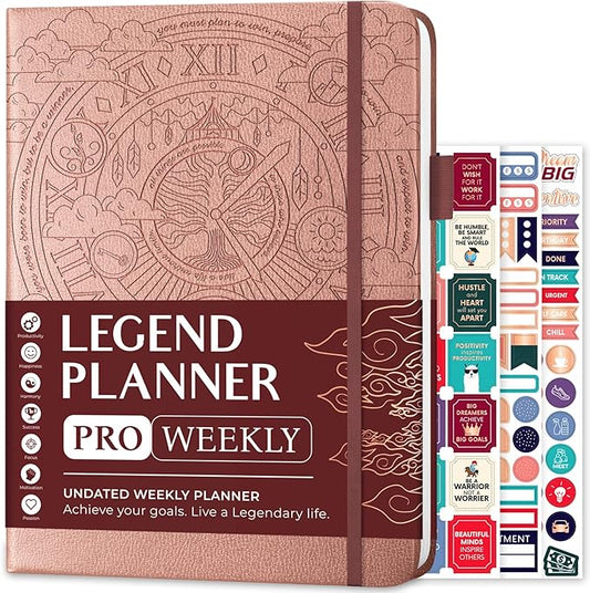 Legend Planner PRO – Deluxe Weekly & Monthly Life Planner to Increase Productivity and Hit Your Goals. Time Management Organizer Notebook – Undated – 7 x 10" Hardcover + Stickers – Rose Gold