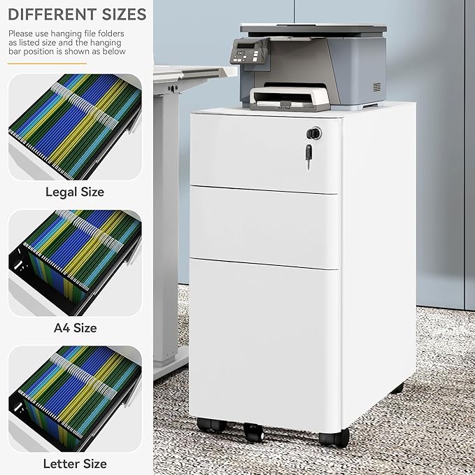 DWVO 3-Drawer Vertical File Cabinet, Mobile Filing Cabinet with Lockable, Pre-Assembled Compact Slim File Cabinet, Portable Office Storage for A4/Letter/Legal Documents (White)