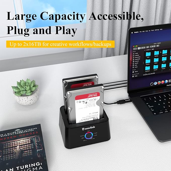 WAVLINK USB 3.0 and USB C to SATA Dual-Bay External Hard Drive Docking Station for 2.5/3.5 Inch HDD/SSD with UASP (6Gbps), Support Offline Clone/Duplicator Function [16TB X2 ]-Black