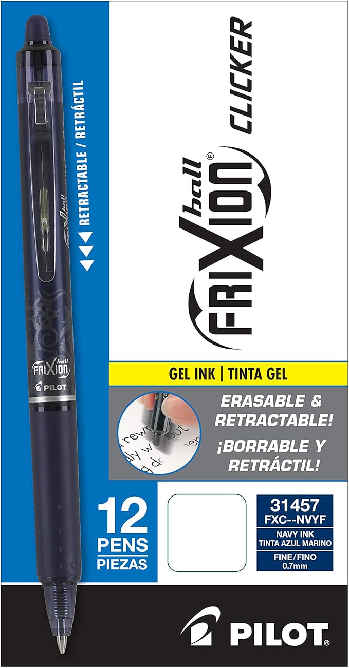Pilot, FriXion Clicker Erasable Gel Pens, Fine Point 0.7 mm, Pack of 12, Navy Blue