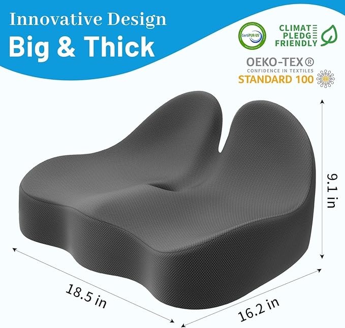 Seat Cushion, Memory Foam Office Chair Cushions, Ergonomic Curved Design for Sciatica, Tailbone, Coccyx, Seat Support for Car, Desk Chair, Wheelchair, Enhances Long Sitting Comfort (Grey)