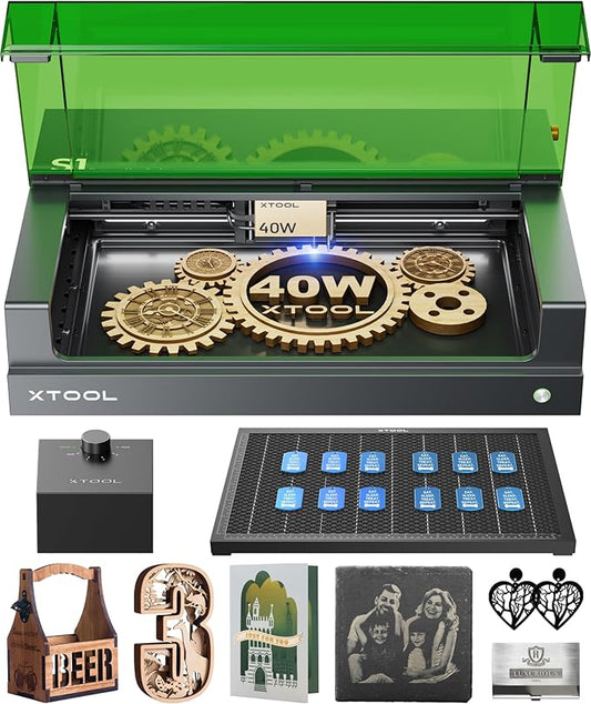 xTool S1 40W Laser Engraver and Cutter Machine with Air Assist & Honeycomb, 23.93" x 15.16" Bed Size, Beginner-Friendly, Laser Engravering Machine for Wood and Metal, Acrylic, etc. - Basic Bundle
