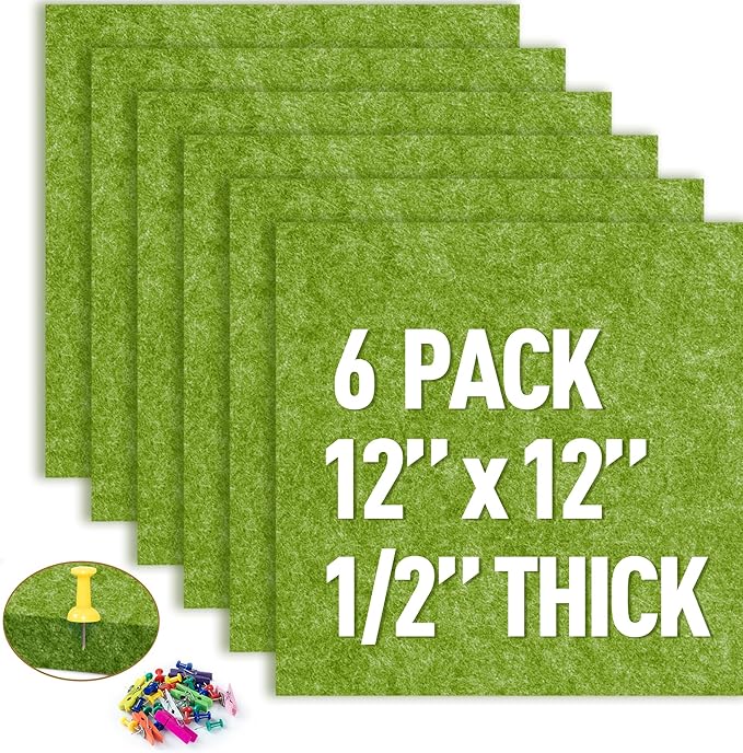 AKTOP Cork Bulletin Board 12x12, 1/2" Thick Felt Cork Board Tiles 6 Pack, Small Square Pin Board for Wall, Self Adhesive Corkboards with 60 Push Pin Wood Clips for School, Home & Office, Green