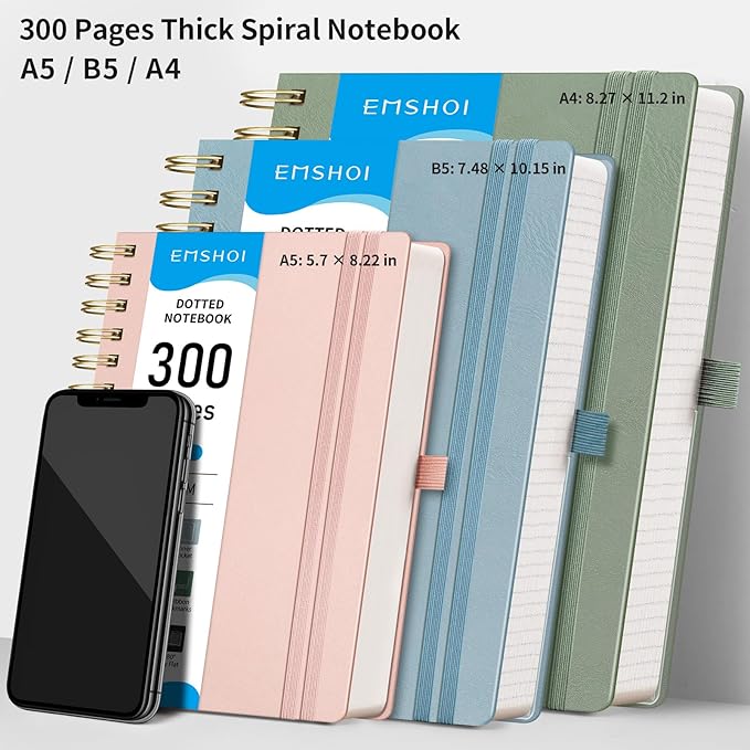 EMSHOI B5 Leather Hardcover Spiral Notebook - 300 Numbered Pages, 100 GSM Thick Paper, College Ruled Journal for Work, Writing & Note-Taking, 7.48" x 10.15", Rose Gold for Men & Women