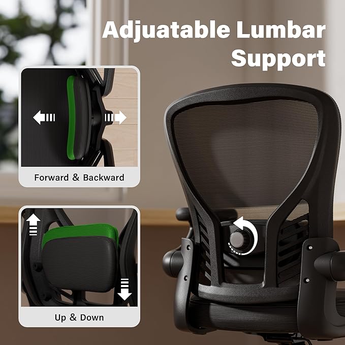 GYI Computer Desk Chair, Ergonomic Office Desk Chairs with Mesh Back, Adjustable Lumbar Support, Height, 3D Flip-up Arms, Wheels, Rocking Function, Black