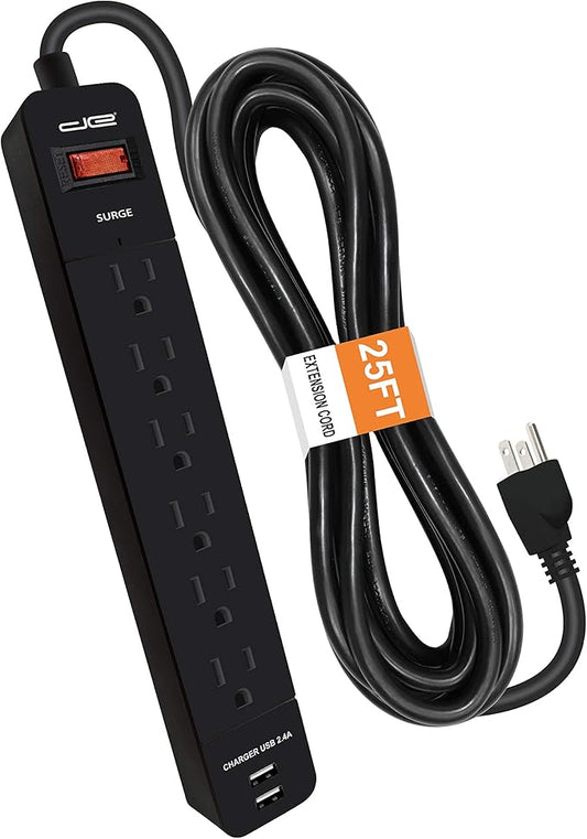 Digital Energy 6-Outlet + 2 USB 1050 Joule Surge Protector Power Strip with 25-Ft Long Extension Cord, Black, UL Listed