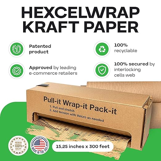 IDL Packaging HexcelWrap Cushioning Kraft Paper 15.25" x 300' in Self-Dispensed Box – Eco-Friendly Honeycomb Alternative to Bubble Wrap – Innovative Packing Paper Roll for Shipping and Moving