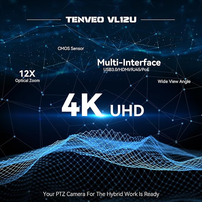 Tenveo VLoop 4K PTZ Camera with 12X Optical Zoom Wide View Angle USB3.0/HDMI/RJ45/PoE Live Streaming Camera for Church Video Conference Broadcast Works with Zoom Skype Teams, Red Dot Design Winner