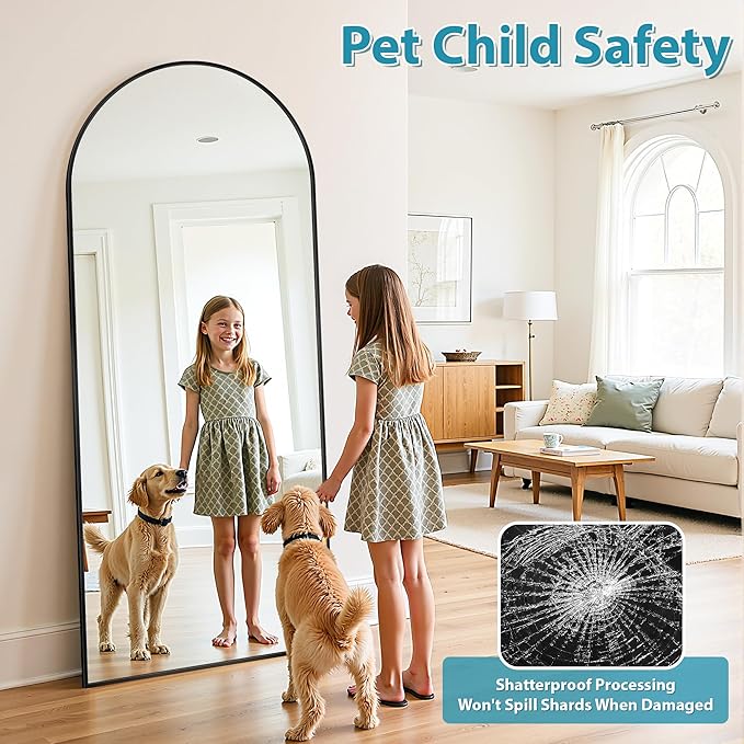 Full Length Mirror, 71"x28" Oversized Floor Mirror Freestanding, Full Body Mirror Floor Standing Mirrors with Stand, Hanging Mounted Mirrors for Bedroom Living Room, Black, Arched Style