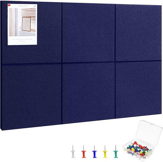 Large Cork Board 36" x 24", 6 Pack Felt Wall Tiles with Colored Pushpins, Bulletin Board with Removable Self-Adhesive Strips, Pin Board Cork Boards for Walls Office Home-Dark Blue