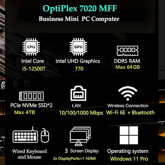 Dell Mini PC Computer, OptiPlex 7020 Micro Desktop pc for Bussiness & Home, Intel 6-Core i5-12500T (Beat i7-11700T), 16GB DDR5 RAM, 512GB PCIe SSD, WiFi 6E, HDMI + 2 DisplayPorts, Windows 11 Pro
