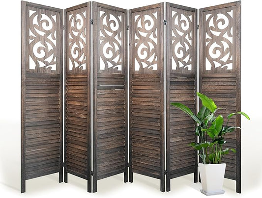 NicBex 6 Panel Room Divider,5.6FT Wood Carved Room Dividers,Folding Privacy Screens Portable Freestanding Partition Wall Dividers for Room Separation,Home Bedroom Office,Rustic Brown