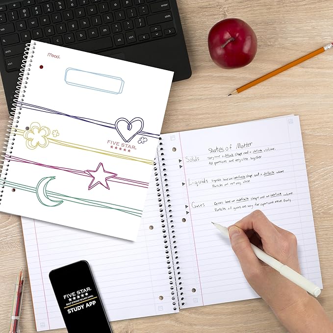 Five Star Spiral Notebook + Study App, 1 Subject, Wide Ruled, 8" x 10-1/2", 80 Sheets, Fights Ink Bleed, Water Resistant Cover, Pastel Doodles (930212F-ECM)