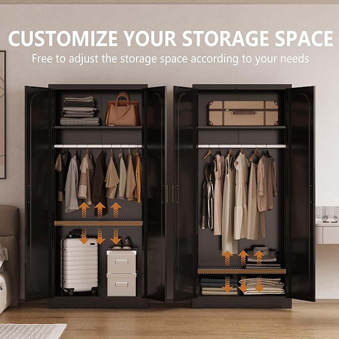 Metal Armoire Wardrobe Closet with Hanging Rod, 71" Tall Wardrobe Cabinet for Clothes, Black Clothing Storage Cabinet with Doors and Shelves, Large Wardrobes for Bedroom-Assemble Required