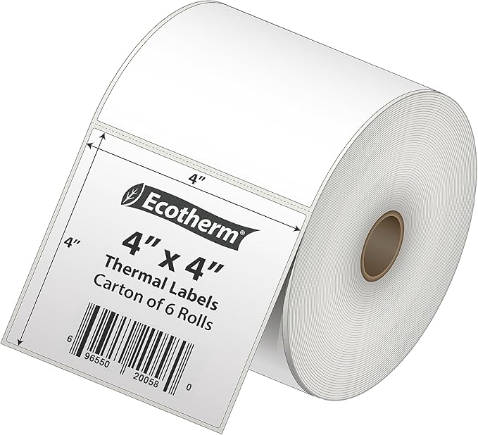 4" x 4" Thermal Labels | 6 Rolls | 4200 Labels | fits Zebra, Munbyn, Rollo, Godex, Arkscan, iDPRT, Offnova Thermal Label Printers and More | Blank White Adhesive Stickers by Ecotherm