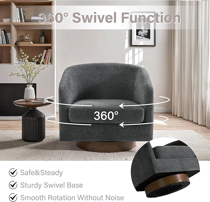 UIXE Swivel Accent Chair with Wood Base, Chenille Upholstered Barrel Chairs for Living Room, Comfy Round Armchair Single Sofa Bedroom Reading Seat - 31" W, Gray