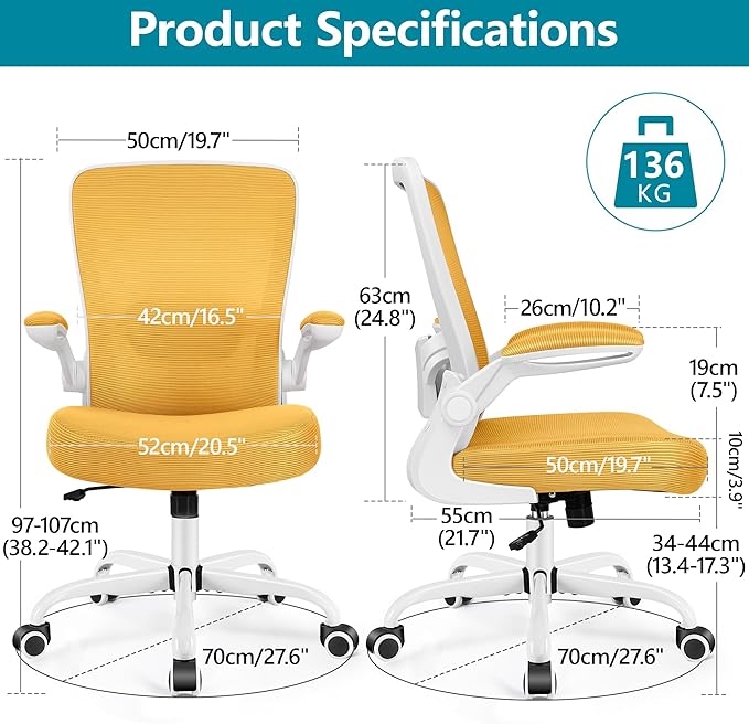 FelixKing Office Chair, Ergonomic Desk Chair Breathable Mesh Chairs with Adjustable High Back Lumbar Support Flip-up Armrests, Executive Swivel Comfy Task Computer Chairs for Home Office Yellow