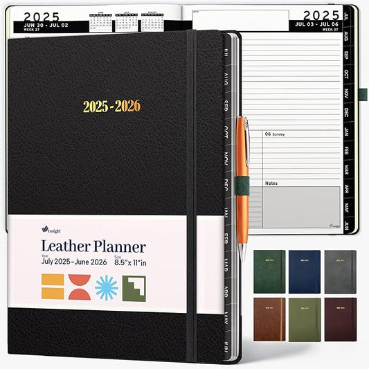 Ensight 2025-2026 HARDCOVER Leather Planner Weekly & Monthly - 8.5x11 Inches - Academic Planner Business Personal or Student - Pen Holder, Thick Paper, July 2025 - June 2026 (Black)