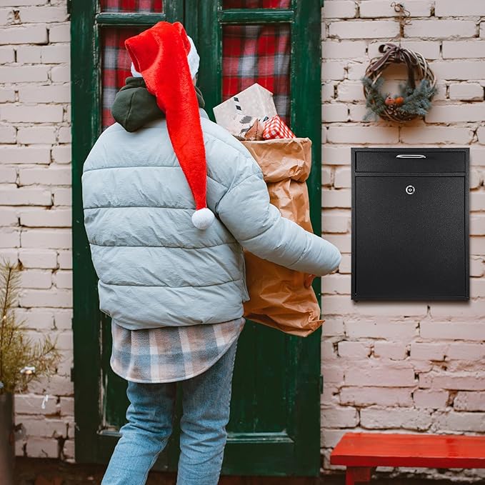 Locking Mailbox with Key for Outdoor 18 x 15 x 7 Inches Large Wall Mount Mail Box with Lock Security Mail Drop Metal Collection Boxes Hanging Secure Postbox(Black)