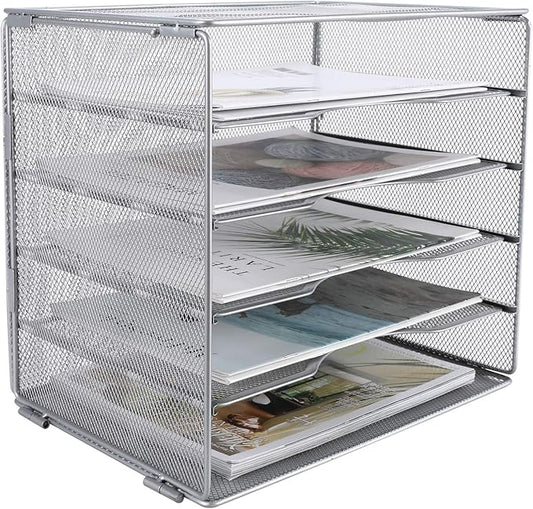 EasyPAG 5-Tier Mesh Desk File Organizer with Metal Frame, Screw-Free Assembly, Space Saving Letter Tray for Office/Home/School - A4 & Letter Size Paper Sorter, Silver