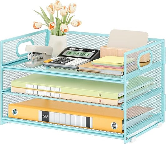 Subekyu 3 Tier Paper Desk Organizer with Handle and 1 PC Slideable Letter Tray, A4 Paper File Folder Sorter Metal Mesh Organizer for Home Office School Desk Supplies Organization Storage, Blue