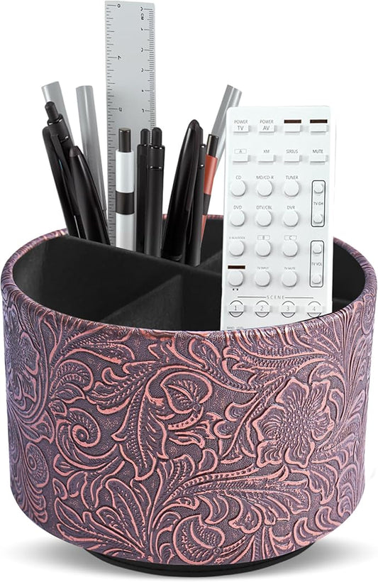 lizimandu Round Leather Art Supply Organizer,Remote Control Holder,360 Degree Spinning,Multi-Functional Pencil Holder,4 Compartments Desktop Stationary Organizer(1-Carved Cooper Red)