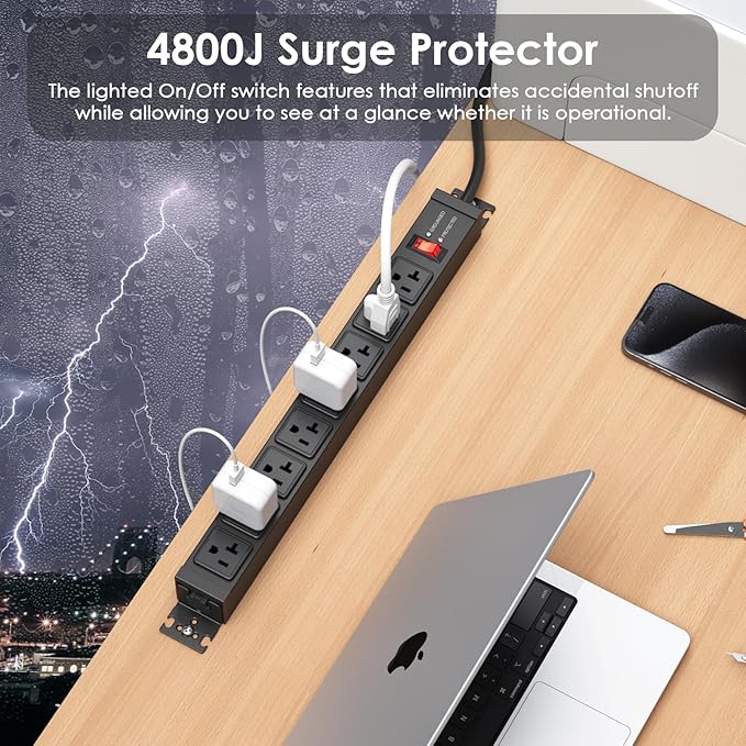JUNNUJ 20 Amp Power Strip Surge Protector 4800J, Heavy Duty 8 Outlet Metal Multi Angle Mount, 20A Garage Power Strip Shop 6-20R T-Slot, 5-15P Plug 12 Gauge Extension Cord 10ft for Appliance