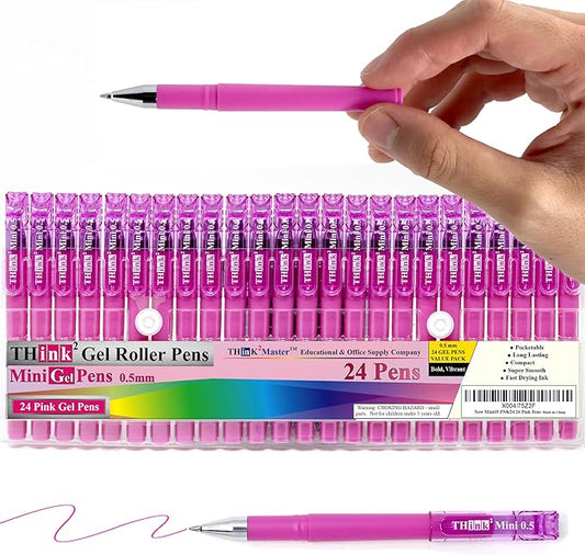 THINK2MASTER [24 Pens - Pink Ink Think2 0.5mm Pocketable Mini Gel Pens. (24 Pink) Fine Point Small Rollerball Pens with Smooth Quick Drying Ink.