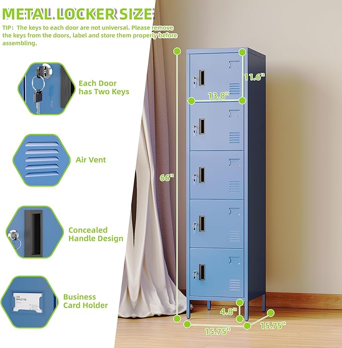 Aobabo 16" W 5 Door Metal Storage Locker with Lock, 66" H Steel Locker with Name Card Holder and Metal Leg for School, Home, Office, Playroom, Assembly Required, Blue