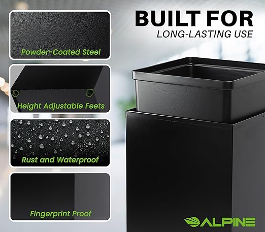 Alpine Commercial Indoor Recycle Bin - 29 Gallon Modern Looking Black Recycle Bin, Office Recycling Bins, Metal Trash and Recycling Container with Stickers & 3 Optional Lids (lid Sold Separately)