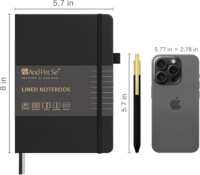 A5 Lined Leather Journal and Pen Set, Hardcover Notebook with Pen, 160 Pages 100gsm Thick Ruled Paper for Men Women, for Work, Business, School or Home Writing, 5.7'' x 8'' (Black-Set1)