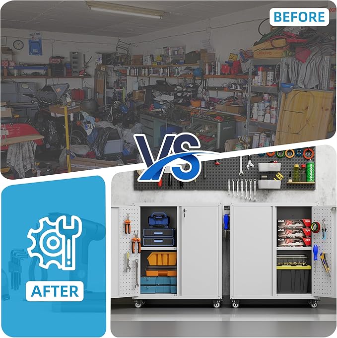 Aobabo 34.3" H Garage Storage Cabinet with Wheels,Lockable Metal Storage Cabinet with 2 Doors for Garage Home Office Storage,White,Assembly Required