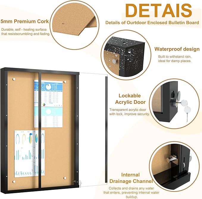 36 x 24 in Waterproof Outdoor Bulletin Board Lockable Wall-Mounted with Cork Backing, Ideal for Schools, Offices, and Restaurants