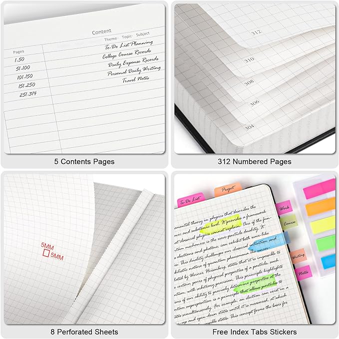 Graph Paper Notebook, 312 Numbered Pages A5 Hardcover Leather Journal, 100gsm No Bleed Grid Paper Notebook with Index Pages, Grid Notebook for Graphing Notes Math, 5.75" x 8.38", Grey Blue