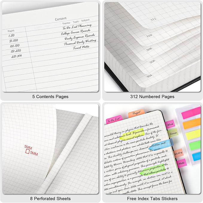 Graph Paper Notebook, 312 Numbered Pages Large A5 Hardcover Leather Journal, 100gsm No Bleed Grid Paper Notebook with Index Pages, Grid Notebook for Graphing Notes Math, 5.75" x 8.38", Black