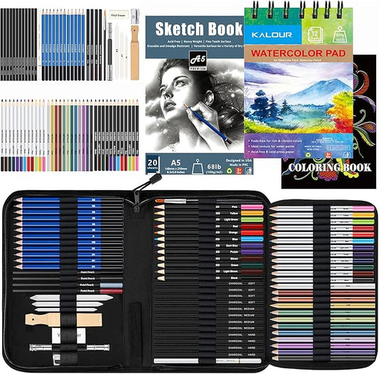 KALOUR 76pc Art Supply Set - Sketching & Drawing Kit with Tutorial Book, Sketchbook & Paper - Pencils, Pastels, Watercolors for Beginner Artists