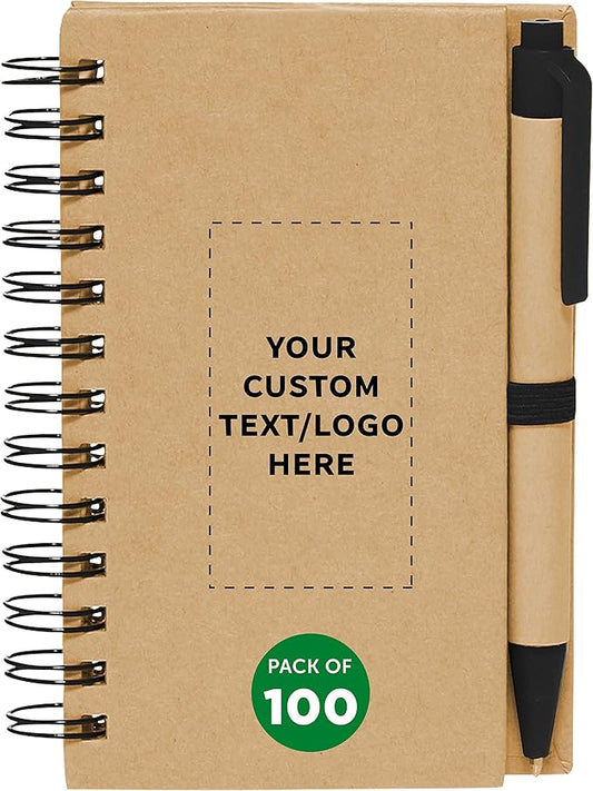 Custom Mini Spiral Notebooks with Black Ink Pens Set of 100, Personalized Bulk Pack - Perfect for School, Office, Business, Home - Black