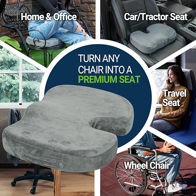 Gel Seat Cushion – Office Chair Cushion – Non-Slip Gel Memory Foam Coccyx Cushion for Tailbone Pain - Desk Chair Car Seat Cushion Driving - Sciatica Back Pain Relief, Velvet, Grey