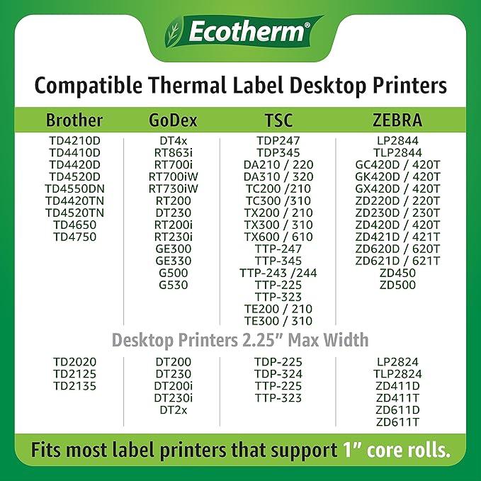 2.25" x 3" Thermal Labels | 4 Rolls | 2100 Labels | fits Zebra, Munbyn, Rollo, Godex, Arkscan, iDPRT, Offnova Thermal Label Printers and More | Blank White Adhesive Stickers by Ecotherm
